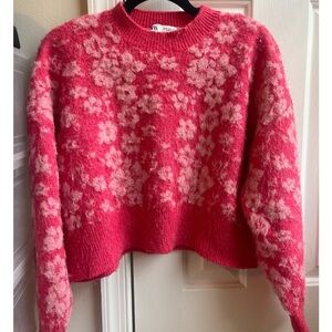 Zara Pink Floral Crew Neck Sweater
